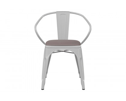 BLNK Luna Commercial Metal Indoor-Outdoor Chair with Arms with Gray Poly Resin Wood Seat - White