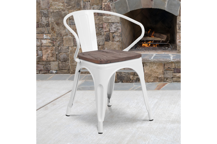 BLNK™ Luna Metal Chair with Wood Seat and Arms - White