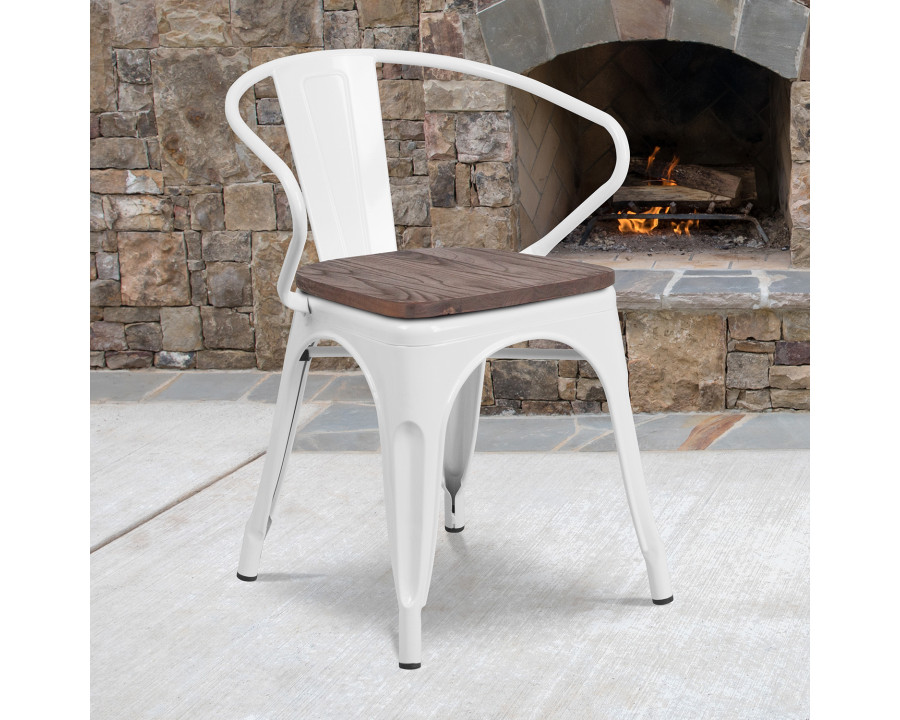 BLNK Luna Metal Chair with Wood Seat and Arms - White