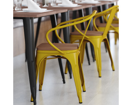 BLNK Luna Commercial Metal Indoor-Outdoor Chair with Arms with Teak Poly Resin Wood Seat - Yellow