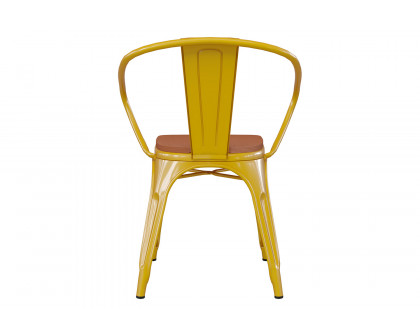 BLNK Luna Commercial Metal Indoor-Outdoor Chair with Arms with Teak Poly Resin Wood Seat - Yellow