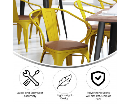 BLNK Luna Commercial Metal Indoor-Outdoor Chair with Arms with Teak Poly Resin Wood Seat - Yellow