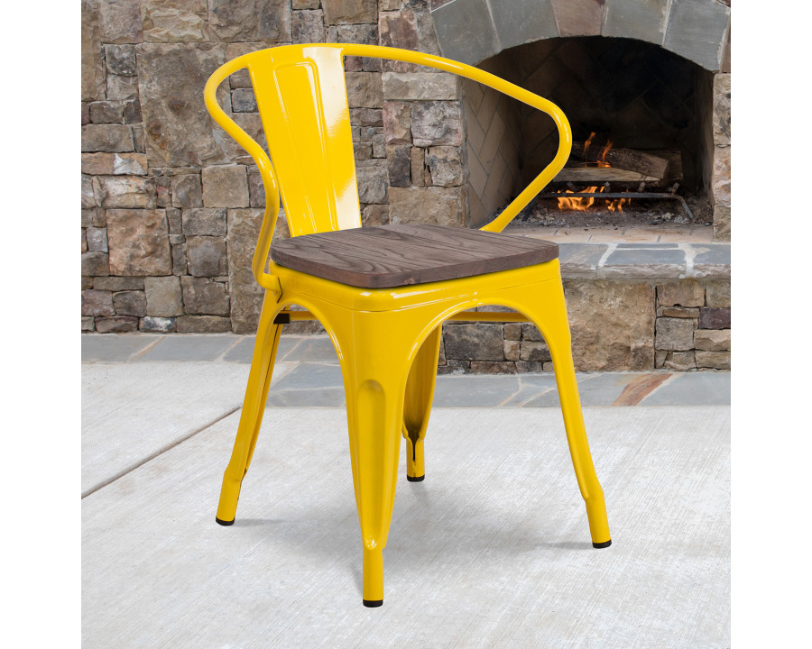 BLNK Luna Metal Chair with Wood Seat and Arms - Yellow