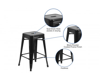 BLNK Kai Commercial Metal Backless Indoor-Outdoor Counter Height Stool with Square Seat - Black