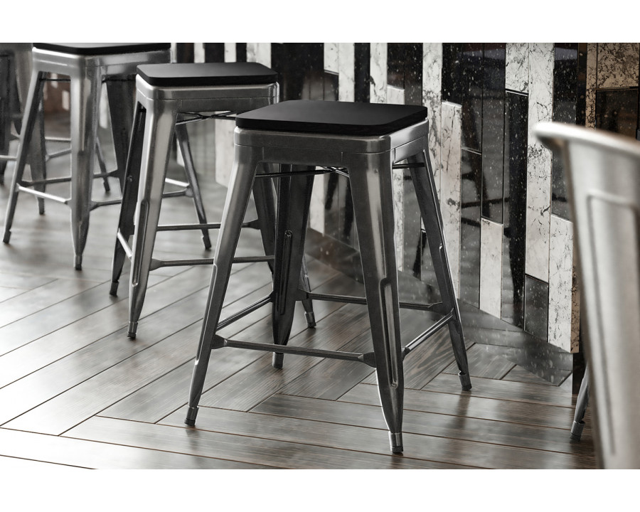 BLNK Kai Commercial Metal Backless Indoor-Outdoor Counter Height Stool with Poly Resin Wood Seat - Black