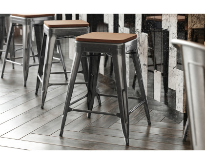 BLNK Kai Commercial Metal Backless Indoor-Outdoor Counter Height Stool with Poly Resin Wood Seat