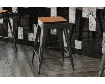 BLNK Kai Commercial Metal Backless Indoor-Outdoor Counter Height Stool with Poly Resin Wood Seat - Black/Teak