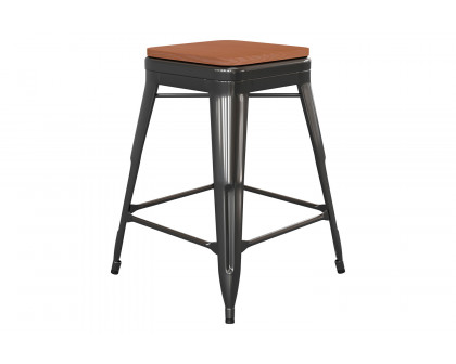 BLNK Kai Commercial Metal Backless Indoor-Outdoor Counter Height Stool with Poly Resin Wood Seat - Black/Teak