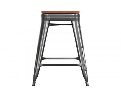 BLNK Kai Commercial Metal Backless Indoor-Outdoor Counter Height Stool with Poly Resin Wood Seat - Black/Teak