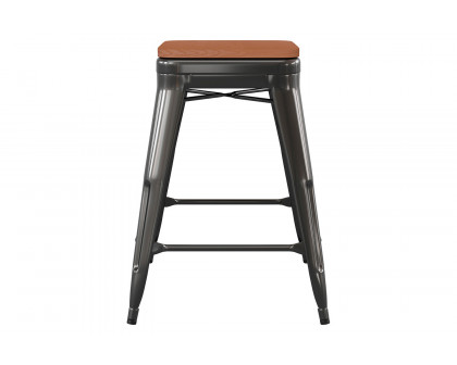 BLNK Kai Commercial Metal Backless Indoor-Outdoor Counter Height Stool with Poly Resin Wood Seat - Black/Teak