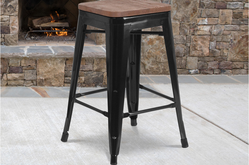 BLNK™ Lily Metal Backless Counter Height Stool with Square Wood Seat - Black