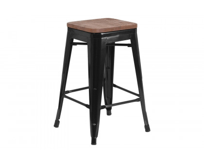 BLNK™ Lily Metal Backless Counter Height Stool with Square Wood Seat - Black