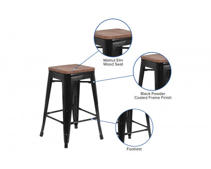 BLNK™ Lily Metal Backless Counter Height Stool with Square Wood Seat - Black