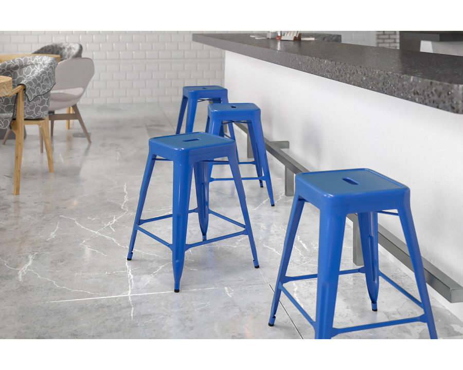 BLNK Kai Commercial Metal Backless Indoor-Outdoor Counter Height Stool with Square Seat - Blue