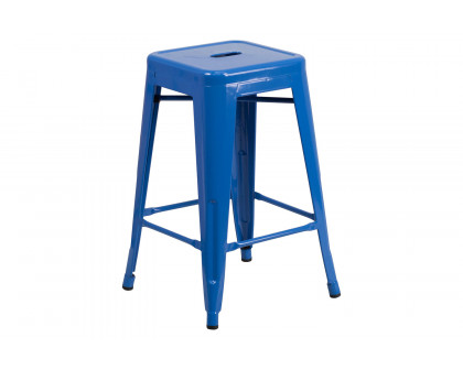 BLNK Kai Commercial Metal Backless Indoor-Outdoor Counter Height Stool with Square Seat - Blue