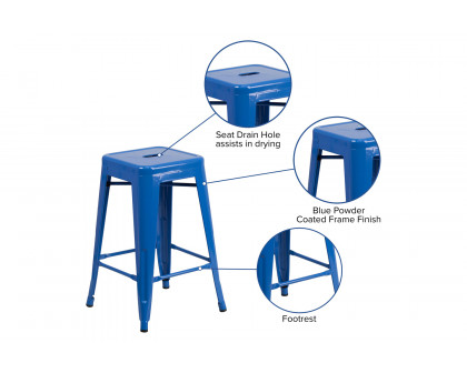 BLNK Kai Commercial Metal Backless Indoor-Outdoor Counter Height Stool with Square Seat - Blue