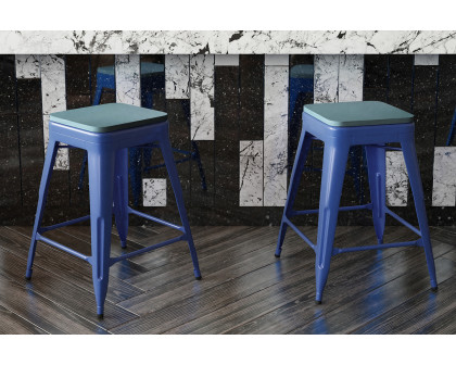 BLNK Kai Commercial Metal Backless Indoor-Outdoor Counter Height Stool with Poly Resin Wood Seat - Blue/Teal Blue