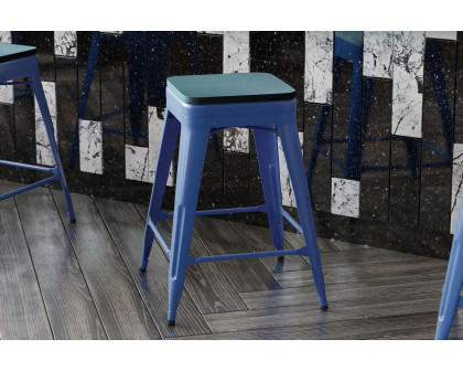 BLNK Kai Commercial Metal Backless Indoor-Outdoor Counter Height Stool with Poly Resin Wood Seat - Blue/Teal Blue