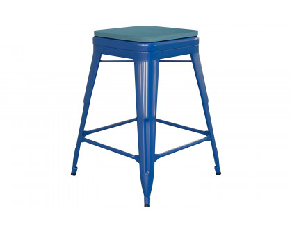 BLNK Kai Commercial Metal Backless Indoor-Outdoor Counter Height Stool with Poly Resin Wood Seat - Blue/Teal Blue