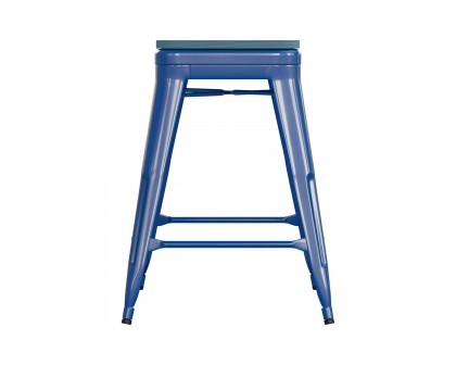 BLNK Kai Commercial Metal Backless Indoor-Outdoor Counter Height Stool with Poly Resin Wood Seat - Blue/Teal Blue