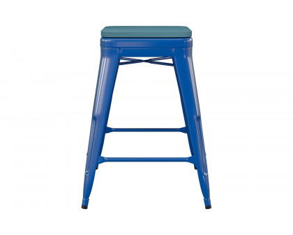 BLNK Kai Commercial Metal Backless Indoor-Outdoor Counter Height Stool with Poly Resin Wood Seat - Blue/Teal Blue