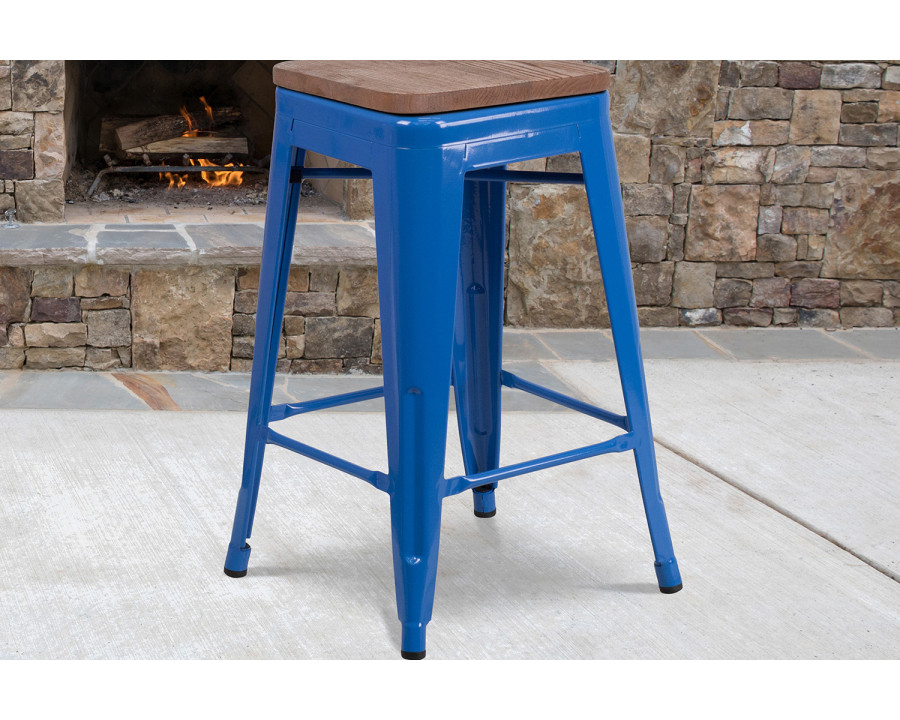 BLNK Lily Metal Backless Counter Height Stool with Square Wood Seat - Blue