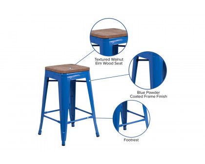 BLNK Lily Metal Backless Counter Height Stool with Square Wood Seat - Blue