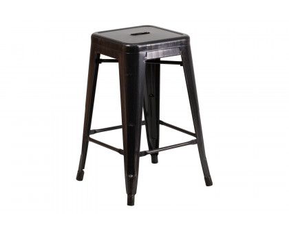 BLNK Kai Commercial Metal Backless Indoor-Outdoor Counter Height Stool with Square Seat - Black/Antique Gold