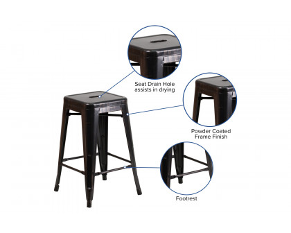 BLNK Kai Commercial Metal Backless Indoor-Outdoor Counter Height Stool with Square Seat - Black/Antique Gold