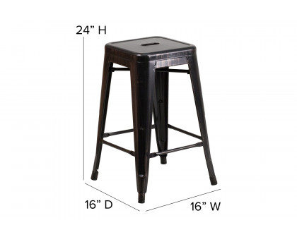 BLNK Kai Commercial Metal Backless Indoor-Outdoor Counter Height Stool with Square Seat - Black/Antique Gold