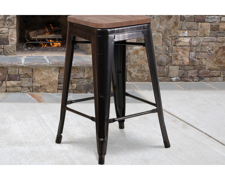 BLNK Lily Metal Backless Counter Height Stool with Square Wood Seat - Black/Antique Gold