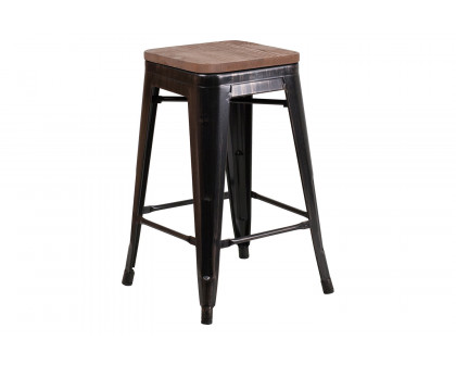 BLNK Lily Metal Backless Counter Height Stool with Square Wood Seat - Black/Antique Gold