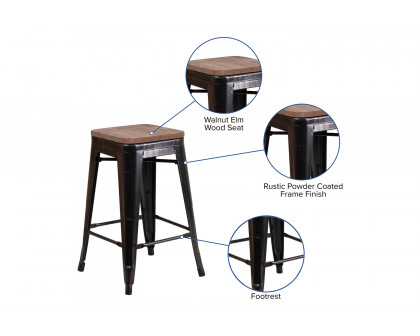 BLNK Lily Metal Backless Counter Height Stool with Square Wood Seat - Black/Antique Gold