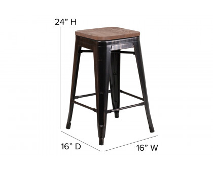 BLNK Lily Metal Backless Counter Height Stool with Square Wood Seat - Black/Antique Gold