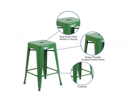 BLNK Kai Commercial Metal Backless Indoor-Outdoor Counter Height Stool with Square Seat - Green