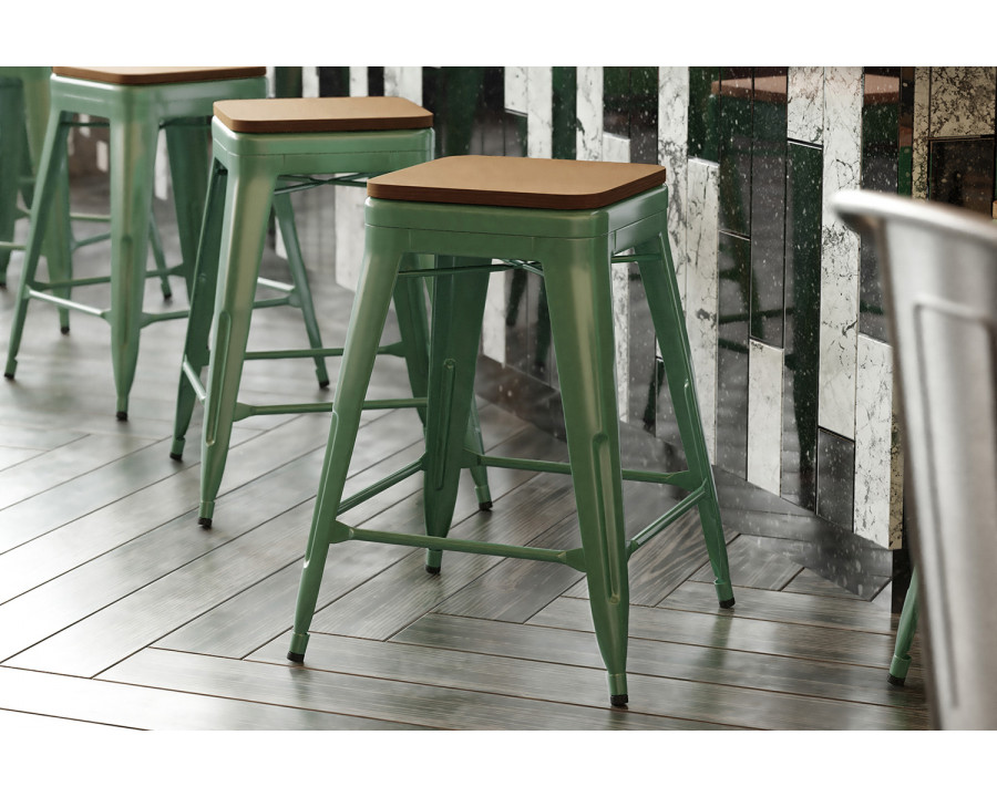 BLNK Kai Commercial Metal Backless Indoor-Outdoor Counter Height Stool with Poly Resin Wood Seat - Green/Teak