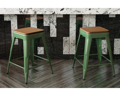 BLNK Kai Commercial Metal Backless Indoor-Outdoor Counter Height Stool with Poly Resin Wood Seat - Green/Teak