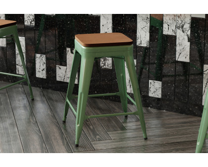 BLNK Kai Commercial Metal Backless Indoor-Outdoor Counter Height Stool with Poly Resin Wood Seat - Green/Teak