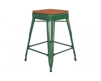 BLNK Kai Commercial Metal Backless Indoor-Outdoor Counter Height Stool with Poly Resin Wood Seat - Green/Teak