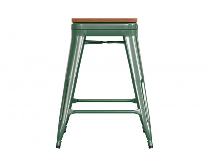 BLNK Kai Commercial Metal Backless Indoor-Outdoor Counter Height Stool with Poly Resin Wood Seat - Green/Teak