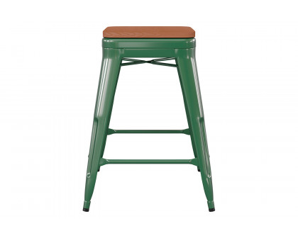 BLNK Kai Commercial Metal Backless Indoor-Outdoor Counter Height Stool with Poly Resin Wood Seat - Green/Teak