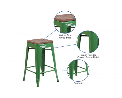 BLNK Lily Metal Backless Counter Height Stool with Square Wood Seat - Green