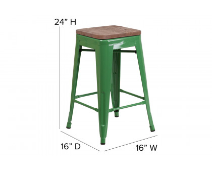 BLNK Lily Metal Backless Counter Height Stool with Square Wood Seat - Green