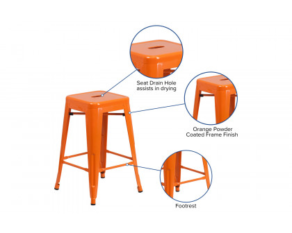 BLNK Kai Commercial Metal Backless Indoor-Outdoor Counter Height Stool with Square Seat - Orange