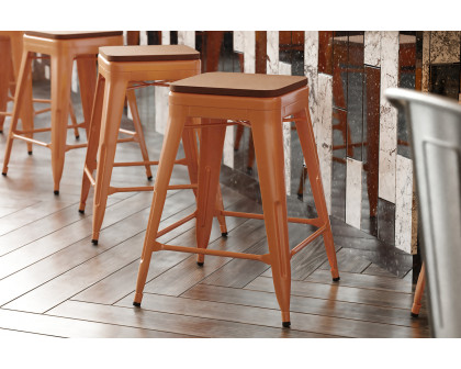 BLNK Kai Commercial Metal Backless Indoor-Outdoor Counter Height Stool with Poly Resin Wood Seat