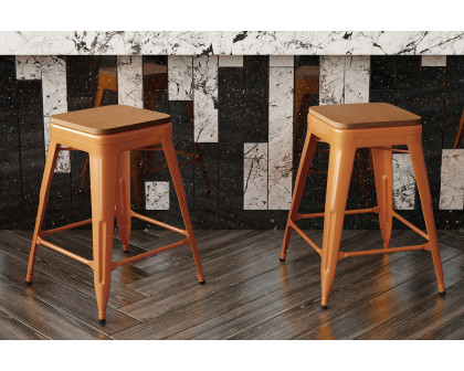 BLNK Kai Commercial Metal Backless Indoor-Outdoor Counter Height Stool with Poly Resin Wood Seat - Orange/Teak