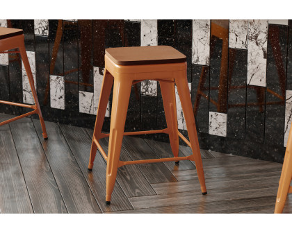 BLNK Kai Commercial Metal Backless Indoor-Outdoor Counter Height Stool with Poly Resin Wood Seat - Orange/Teak