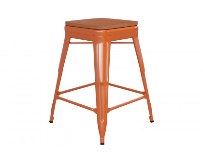 BLNK Kai Commercial Metal Backless Indoor-Outdoor Counter Height Stool with Poly Resin Wood Seat - Orange/Teak