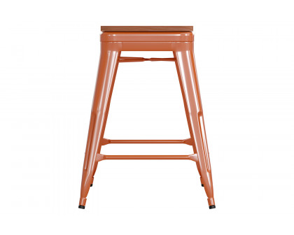 BLNK Kai Commercial Metal Backless Indoor-Outdoor Counter Height Stool with Poly Resin Wood Seat - Orange/Teak