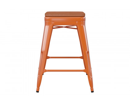 BLNK Kai Commercial Metal Backless Indoor-Outdoor Counter Height Stool with Poly Resin Wood Seat - Orange/Teak